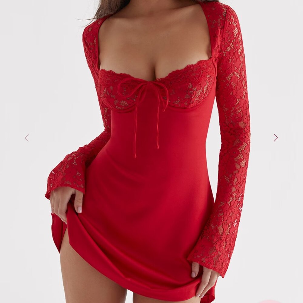 HOUSE OF CB - red rose satin and lace mini dress